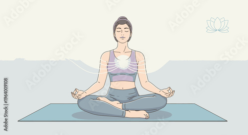 Illustration of a woman meditating in lotus position on a yoga mat with a serene mountain background and a pastel color palette.