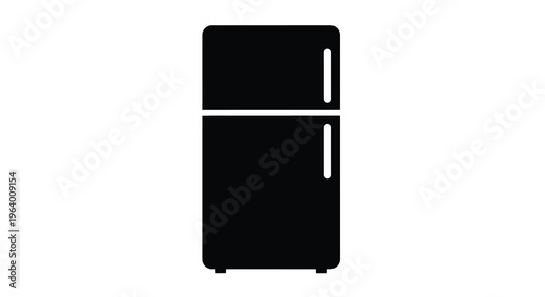 A minimalist black silhouette illustrates a standard two door refrigerator against a plain white background high quality professional detailed modern elegant