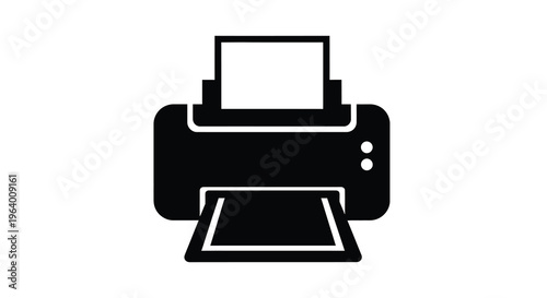 A minimalist black silhouette depicts a modern printer with a paper tray and control buttons high quality professional detailed elegant stylish