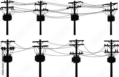 Silhouette icons of utility poles with transformers and power lines illustrating electrical distribution network infrastructure and system connections