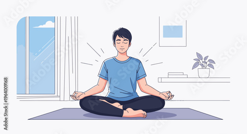 A man meditates in a lotus position on a yoga mat in a serene room with a window and plant, conveying a peaceful mood with soft lines.
