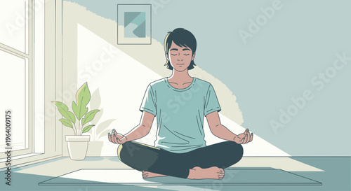Woman sitting cross-legged on a yoga mat in a serene room with a plant beside her, practicing meditation with closed eyes and hands in a mudra position.
