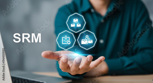 SRM: person presents the innovative SRM concept on the blurred background, showcasing the evolution of a forward-thinking business process.