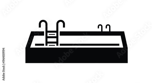 A simple black and white line drawing depicts a rectangular swimming pool with a ladder and two buoys high quality professional