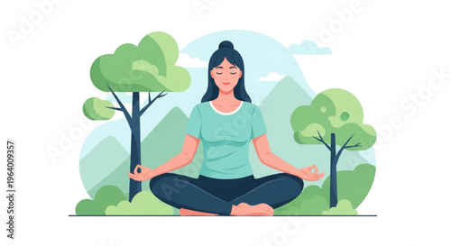 A peaceful woman sitting in a lotus pose meditating in a park with green trees and mountains.