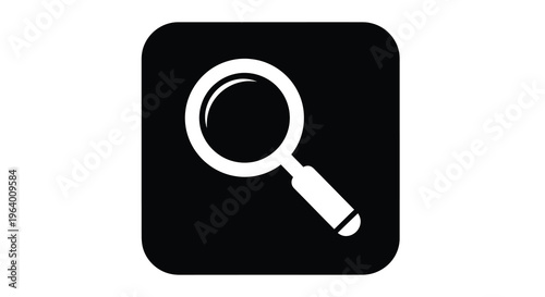 A stark black square features a simple white magnifying glass icon centrally positioned suggesting search or inspection high quality professional detailed