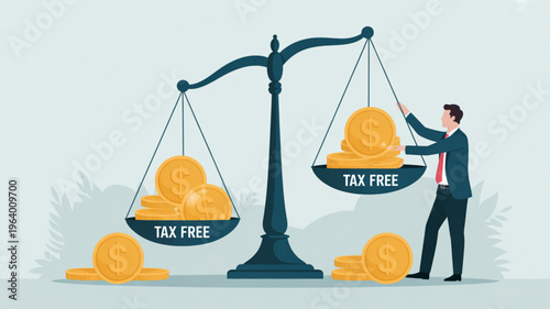 Businessman balancing tax free coins on scales symbolizing financial equilibrium and smart investment strategies for savings