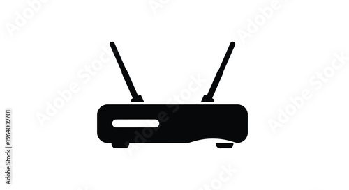 A simple black silhouette depicts a wireless router with two prominent antennas suggesting home or office network connectivity high quality professional