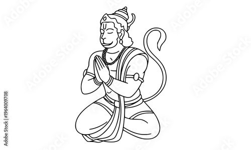 Lord Hanuman kneeling in namaste prayer position with folded hands in detailed line art, the revered Hindu monkey god Bajrangbali in devotional pose for spiritual and religious designs