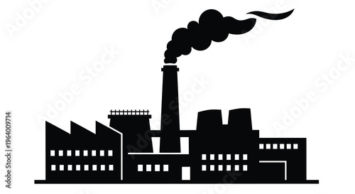 A stark black silhouette depicts an industrial factory complex emitting thick dark smoke from its chimney high quality professional detailed modern