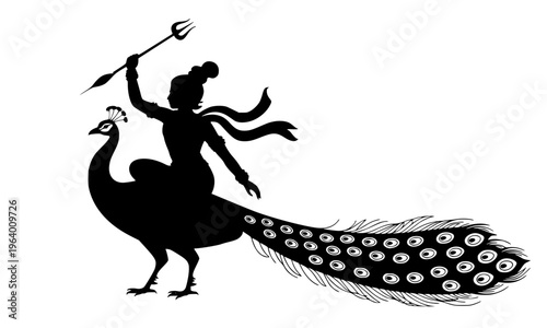 Lord Murugan riding a peacock silhouette illustration, the six-armed Hindu deity Kartikeya holding vel spear in elegant black shadow art for cultural and spiritual designs