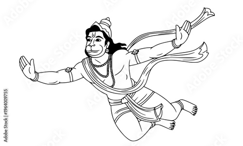 Lord Hanuman flying with outstretched arms in detailed line art illustration, a powerful Hindu god depiction in classic outline style ideal for spiritual and religious designs