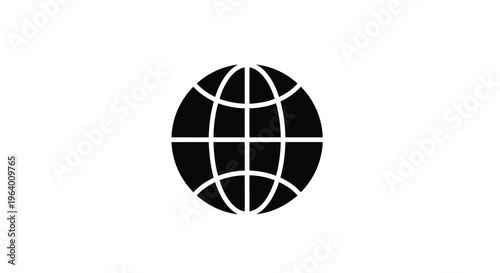 A simple black and white graphic depicts a spherical globe with visible longitude and latitude lines high quality professional detailed modern