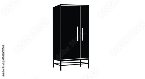 A minimalist black and white illustration depicts a tall modern wardrobe with two doors and metal legs high quality professional detailed