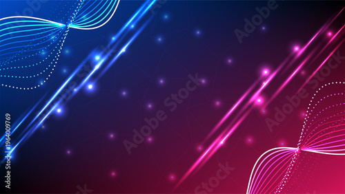 High tech digital background featuring glowing neon light streaks, wavy lines and bokeh particles in blue and pink