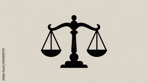 Black silhouette of balanced scales on beige background symbolizing justice and equality