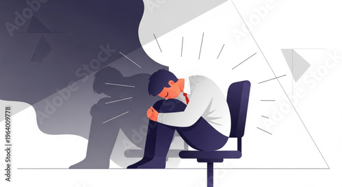 Illustration of a man in business attire sitting on a chair, head down in despair with a dark shadow representing depression.