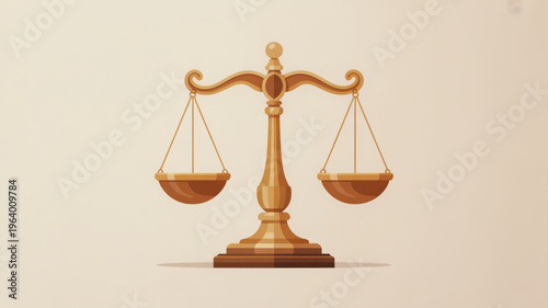 Golden scales of justice with balanced bowls on a beige background symbolizing fairness and equality
