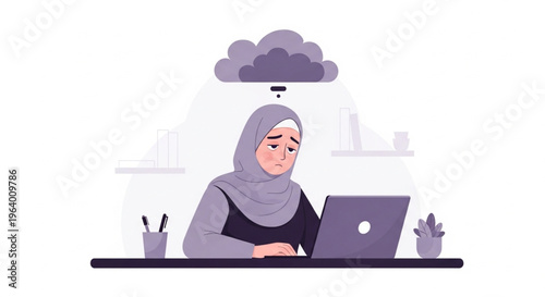 A tired Muslim woman in hijab feeling overwhelmed with a dark cloud over her head while working on a laptop