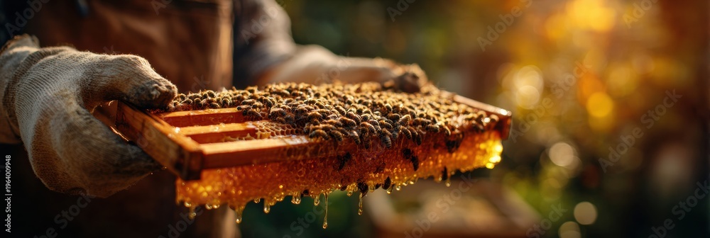 Fototapeta premium Beekeeper Holds Honeycomb Frame Filled With Bees While Sunlight Creates a Warm Glow Around the Scene