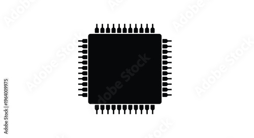 A black and white illustration depicts a rectangular microchip with numerous pins extending from its sides high quality professional detailed modern