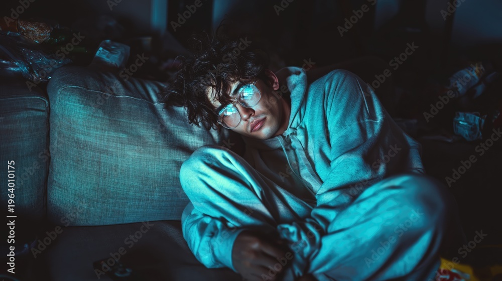 Fototapeta premium A Young Man Relaxing in Cozy Atmosphere, Reflecting on Life at Home