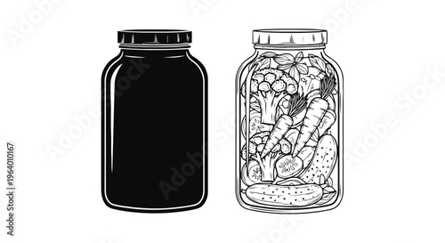 Vector illustration of hand drawn illustration of an empty jar and a jar filled with vegetables