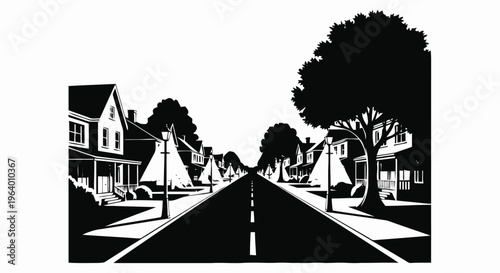Vector illustration of black and white illustration of a quiet suburban street with houses and trees