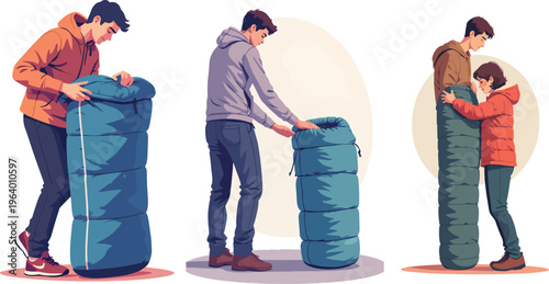 Illustrazione vettoriale di una persona che arrotola o sistema un sacco a pelo imbottito dopo il campeggio. Concetto di outdoor, viaggio, escursionismo, organizzazione dell’attrezzatura e vita