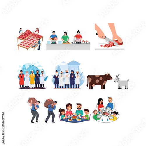 Eid al-Adha traditions celebration, sacrifice, and family gathering illustrations
