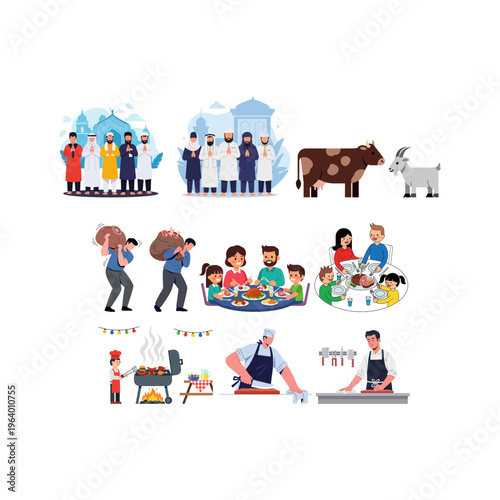 Eid al-Adha celebration with family gatherings and traditional food preparation
