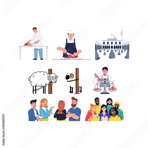 Eid al-Adha Festival Depicting Sacrifice, Community, and Meat Preparation Traditions