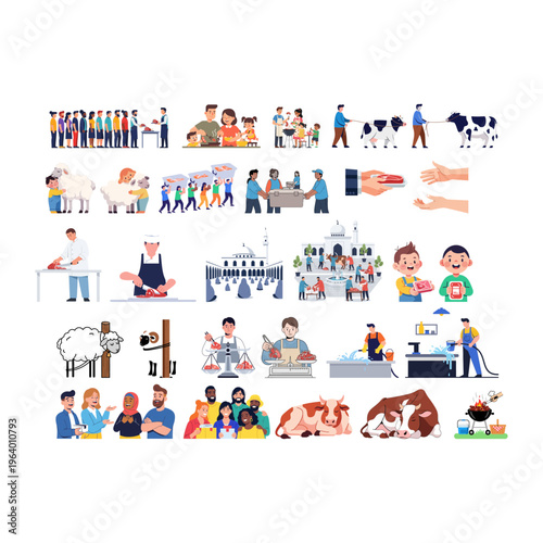 Eid al-Adha celebration with sacrifice and community traditions illustration