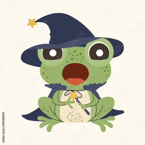 Adorable sage green frog character dressed as a witch with a blue pointed hat, cape, and a golden star magic wand. Cute flat vector illustration for Halloween, magic themed stickers, and nursery decor