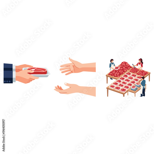Eid al-Adha meat distribution by hand and butcher stall illustration