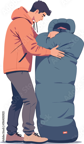 Illustrazione vettoriale di una persona che arrotola o sistema un sacco a pelo imbottito dopo il campeggio. Concetto di outdoor, viaggio, escursionismo, organizzazione dell’attrezzatura e vita