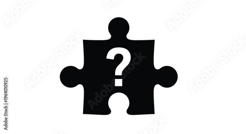 A black silhouette of a jigsaw puzzle piece displays a white question mark symbolizing mystery and problem solving high quality professional