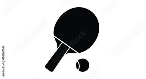 A simple black and white silhouette depicts a table tennis paddle and ball representing the sport high quality professional detailed modern