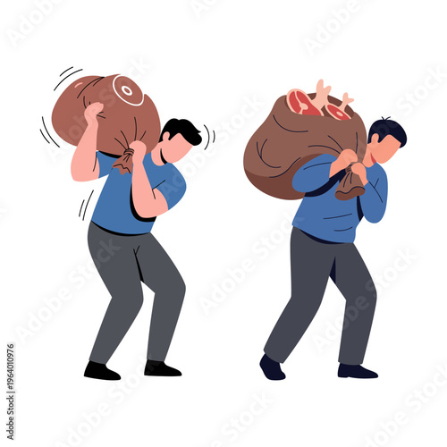 Eid al-Adha sacrifice ritual Men carrying heavy bags of meat for sharing and distribution