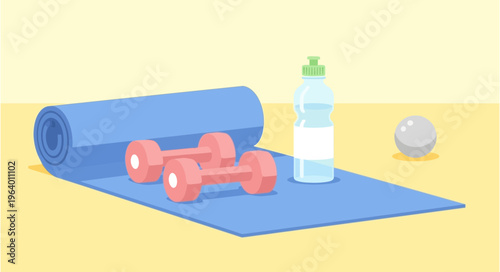 Illustration of fitness equipment including a yoga mat, dumbbells, and a water bottle for exercise and healthy lifestyle.