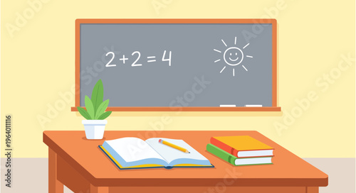A classroom scene with a blackboard displaying '2+2=4' and a desk with an open book, pencil, and stacked books.
