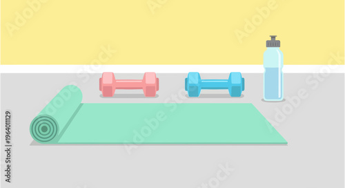A flat lay illustration of fitness equipment including yoga mats, dumbbells, and a water bottle on a grey floor with a yellow wall.