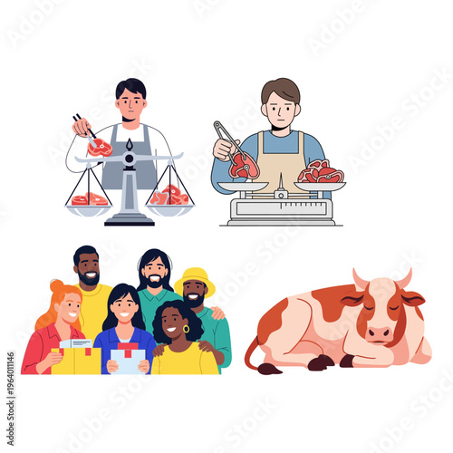 Eid al-Adha tradition Meat preparation, joyful community sharing, and a serene animal