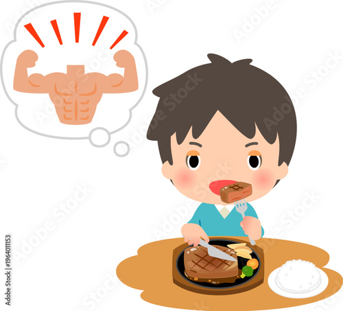 筋肉を付けようと思って肉を食べる若い男性