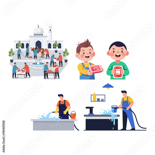 Eid al-Adha celebrations Traditional animal sacrifice and meat distribution depicted