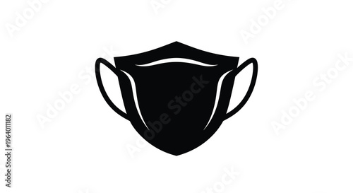 A stark black silhouette depicts a face mask featuring elastic straps and a contoured shape isolated on white high quality professional