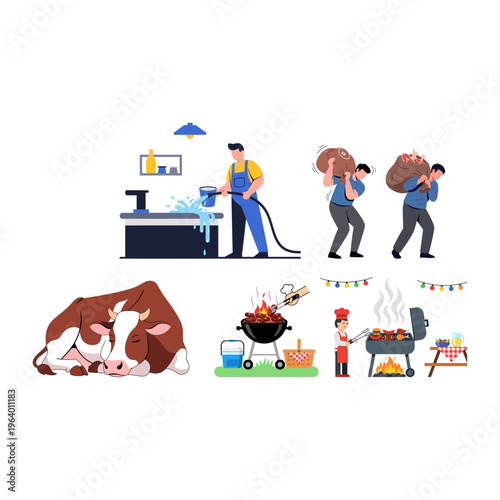 Eid al-Adha celebration family enjoying barbecue, man washing car, and cow resting