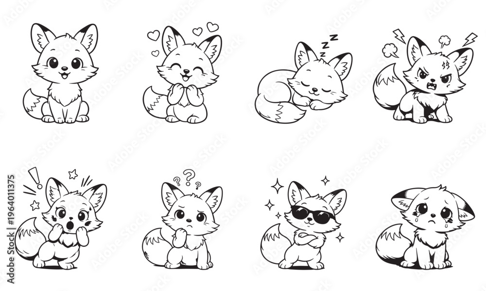 Obraz premium Cute Fox Emotions Set, Cartoon Baby Fox Character Showing Different Feelings Black and White Line Art Vector Illustration