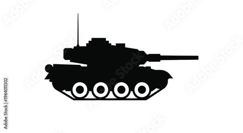 A stark black silhouette depicts a modern main battle tank showcasing its powerful turret and tracked vehicle design high quality professional
