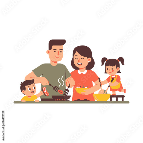 Happy family celebrates Eid al-Adha, cooking and preparing festive meals together at home